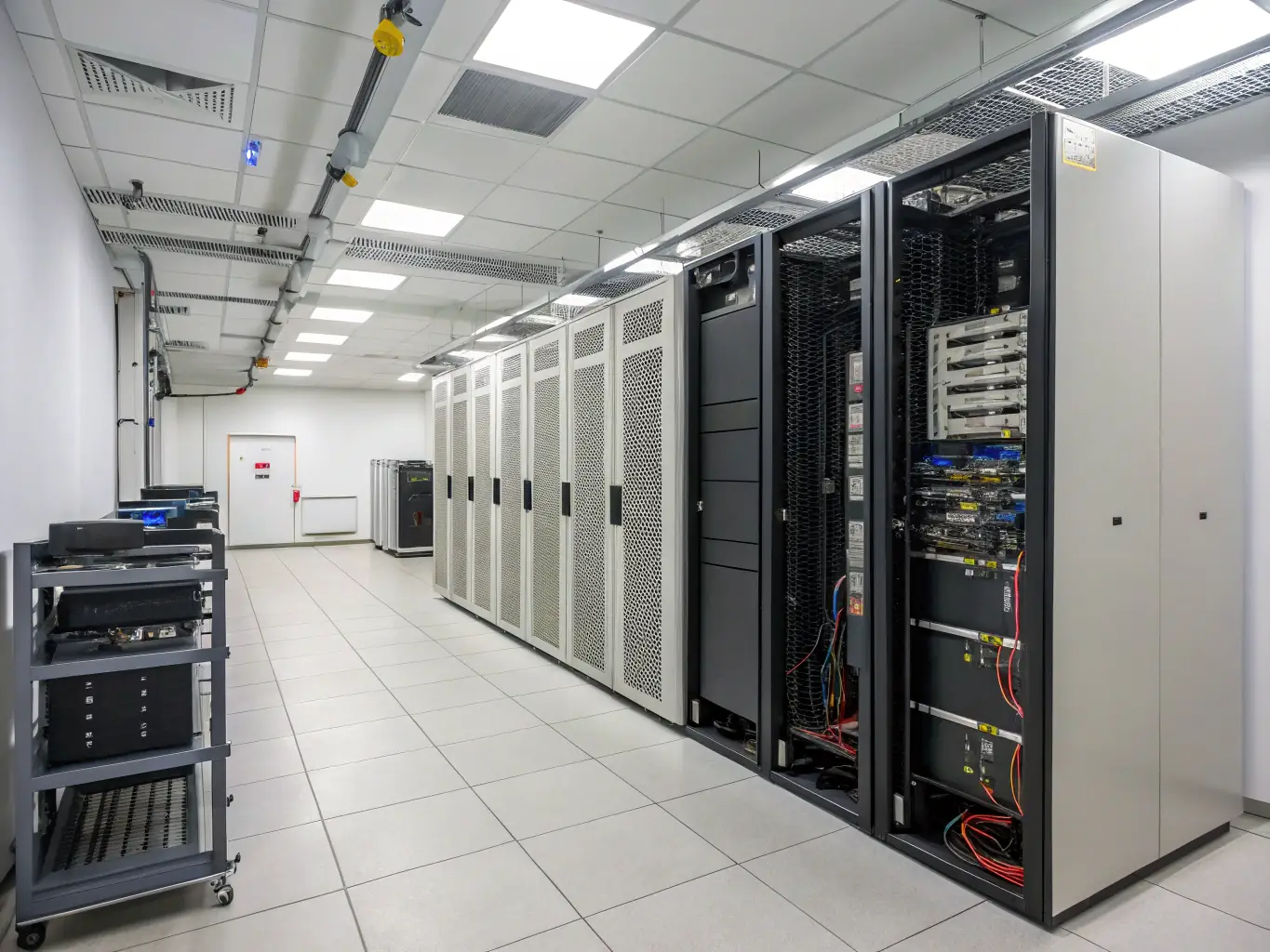 A high-resolution image of a modern office server room with blinking lights and well-organized racks, symbolizing reliable and robust hardware infrastructure.