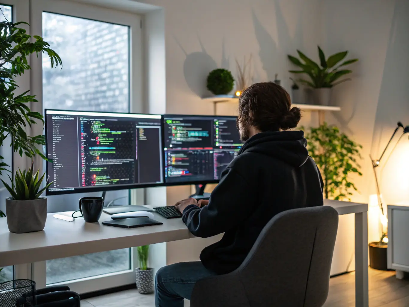 An image of a sleek, modern workstation setup with multiple monitors, ergonomic keyboard, and mouse, representing efficient and comfortable business hardware.