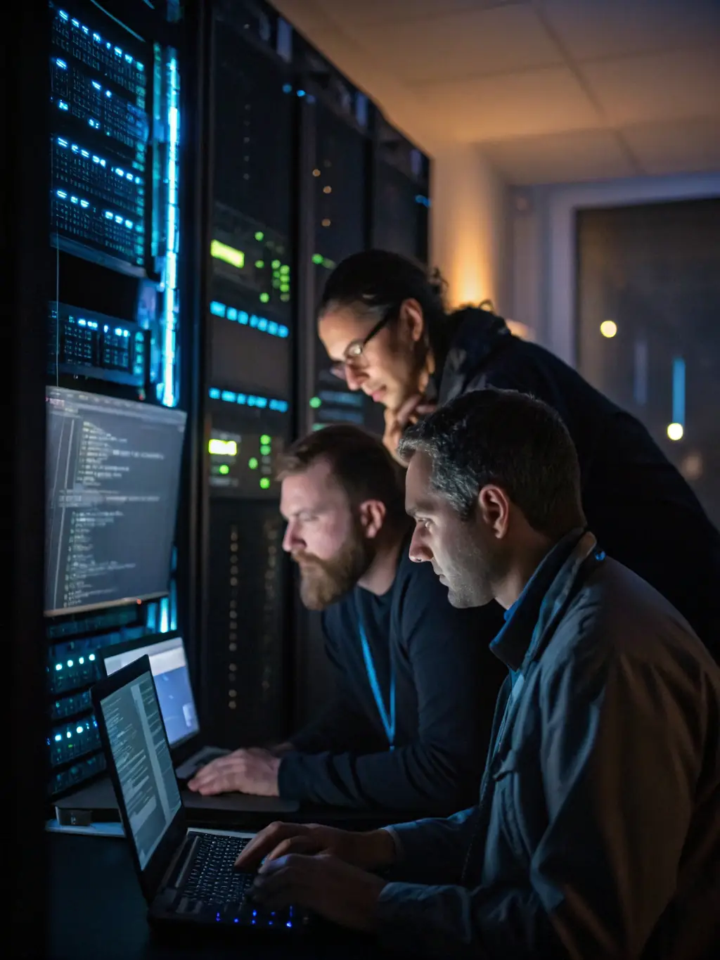 A high-resolution image depicting a network operations center with multiple screens displaying real-time data and IT professionals collaborating to manage and optimize network performance for Expert Cyber.