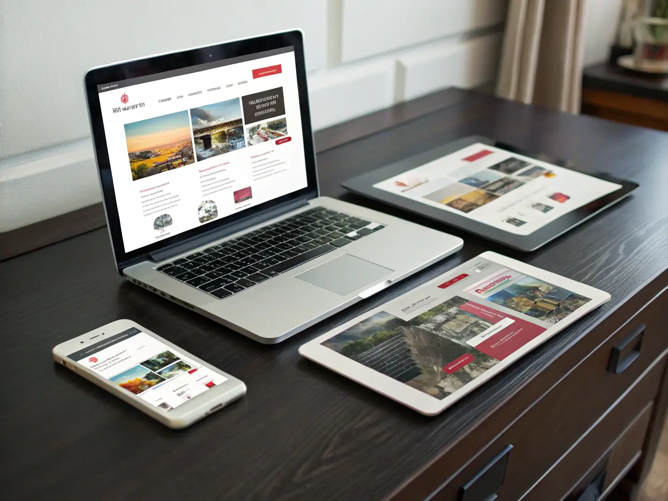 A clean, modern website design showcasing a responsive layout on various devices (desktop, tablet, and smartphone), highlighting user-friendly navigation and a visually appealing interface.