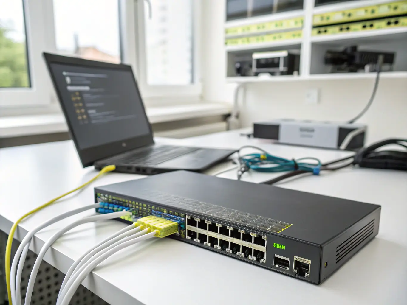 An image of a secure network router and firewall device with glowing LEDs, symbolizing secure and reliable network hardware for businesses.