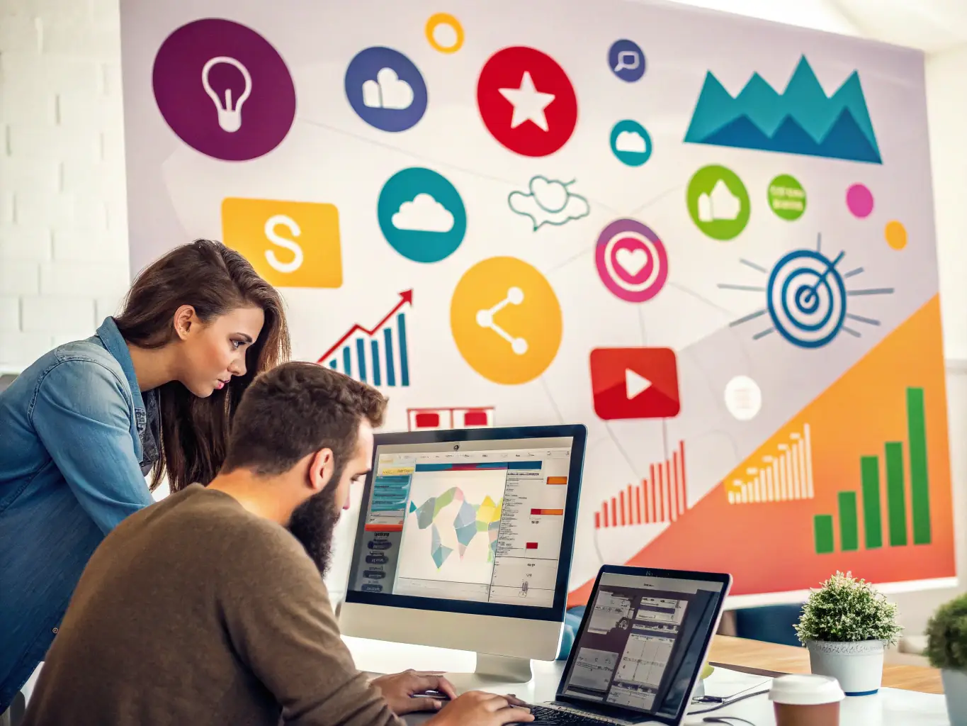 A vibrant digital marketing campaign visual, featuring elements like social media ads, email marketing templates, and search engine optimization (SEO) results, illustrating increased online visibility and engagement.