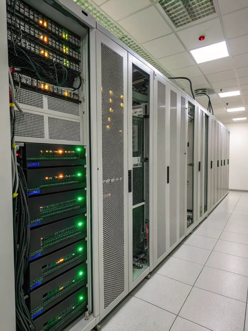 A server room with blinking lights and a technician monitoring the systems, illustrating Expert Cyber's proactive monitoring and maintenance services.