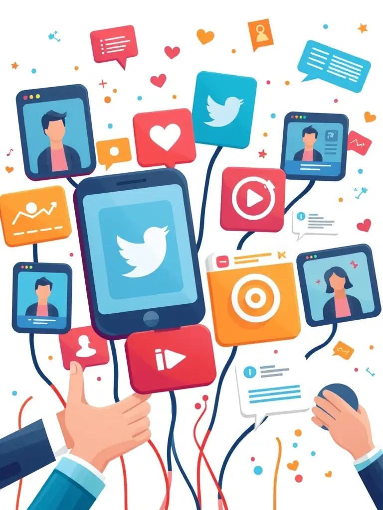An eye-catching image showcasing various social media platforms with engaging content examples, such as posts, stories, and ads. The image should represent the power of social media marketing for brand building and lead generation.