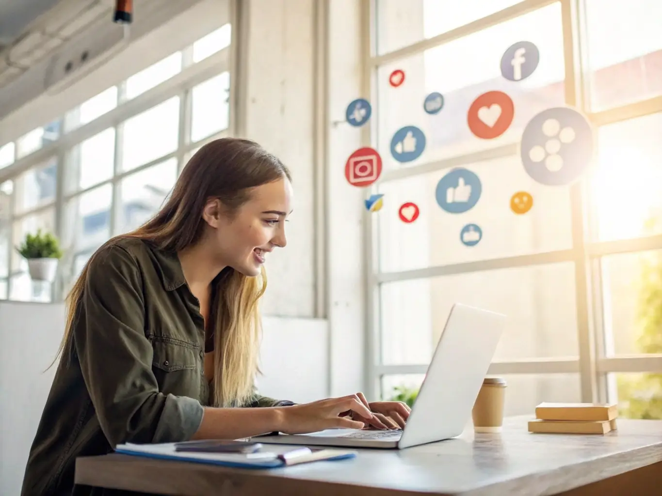 An engaging image featuring a social media manager crafting compelling content for various platforms, with icons representing popular social networks in the background.