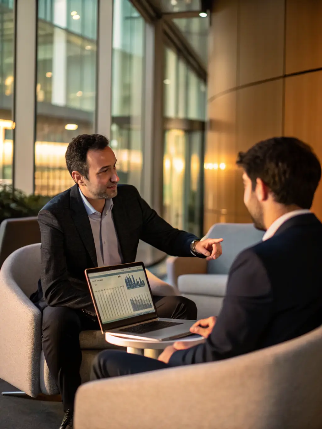 An IT consultant discussing technology solutions with a business owner, emphasizing Expert Cyber's personalized approach to IT management.