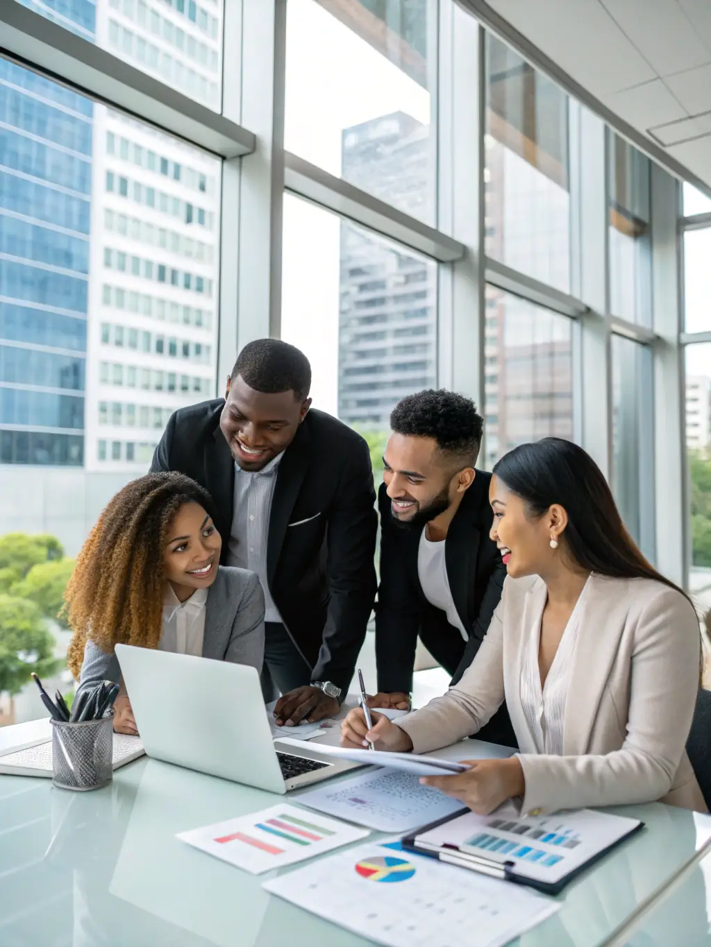 A professional photograph of a team of digital marketing experts collaborating in a modern office setting, brainstorming ideas for a client's SEO strategy. The image should convey teamwork, innovation, and a data-driven approach to SEO.