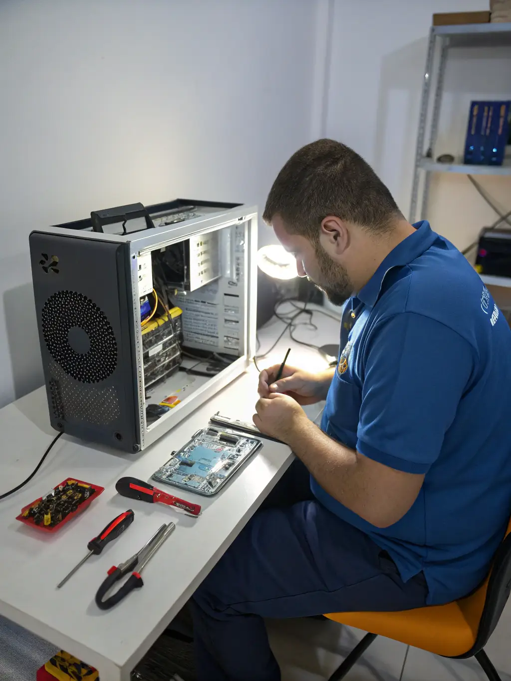 An on-site IT support specialist troubleshooting a hardware issue at a client's office, emphasizing Expert Cyber's hands-on approach.