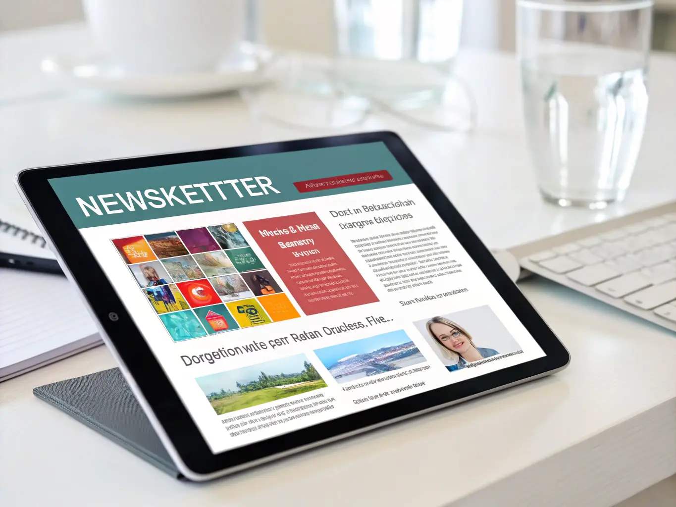 A visually appealing image displaying a well-designed email newsletter on a tablet, with graphics representing email marketing metrics and customer engagement.