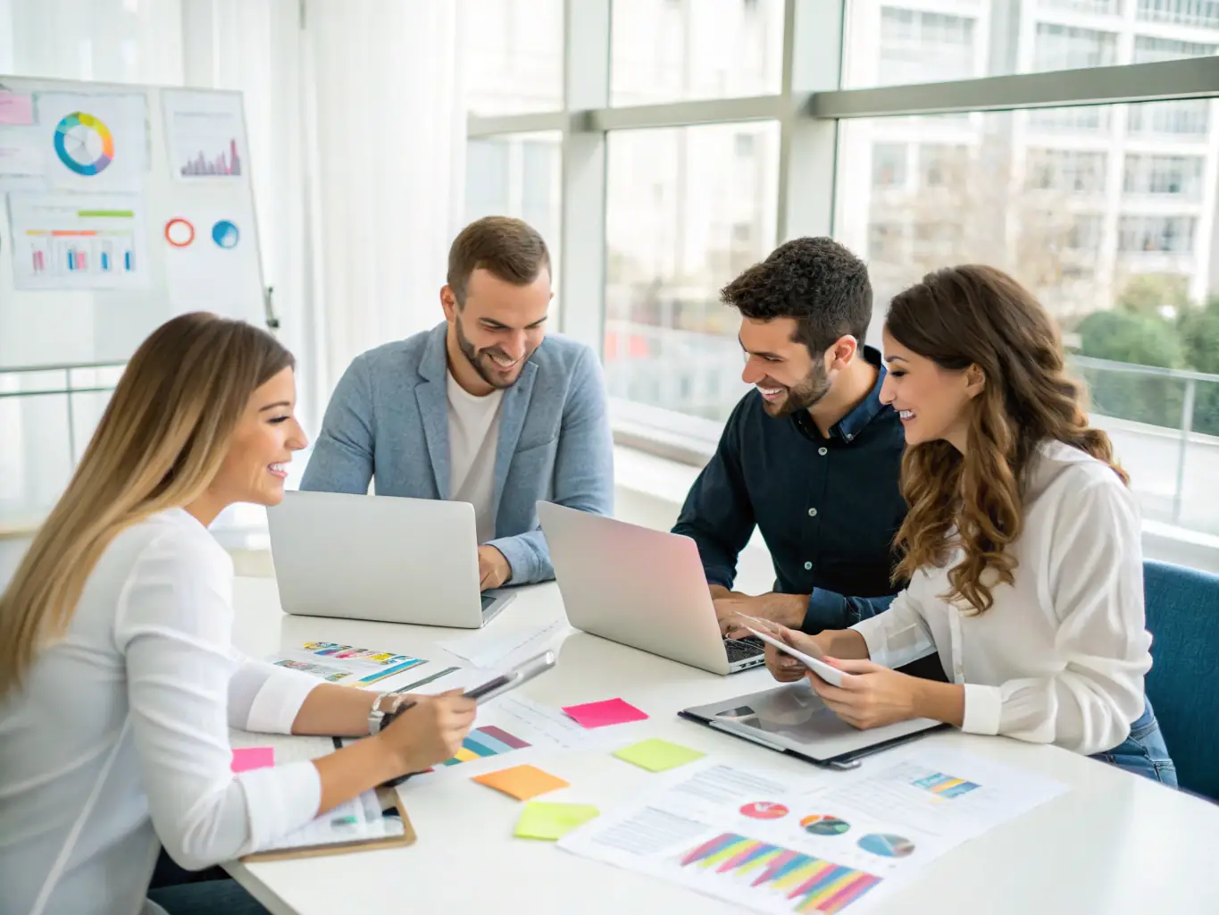 A vibrant image showcasing a diverse group of marketing professionals collaborating on a digital marketing strategy, with laptops displaying analytics dashboards and creative content mockups.