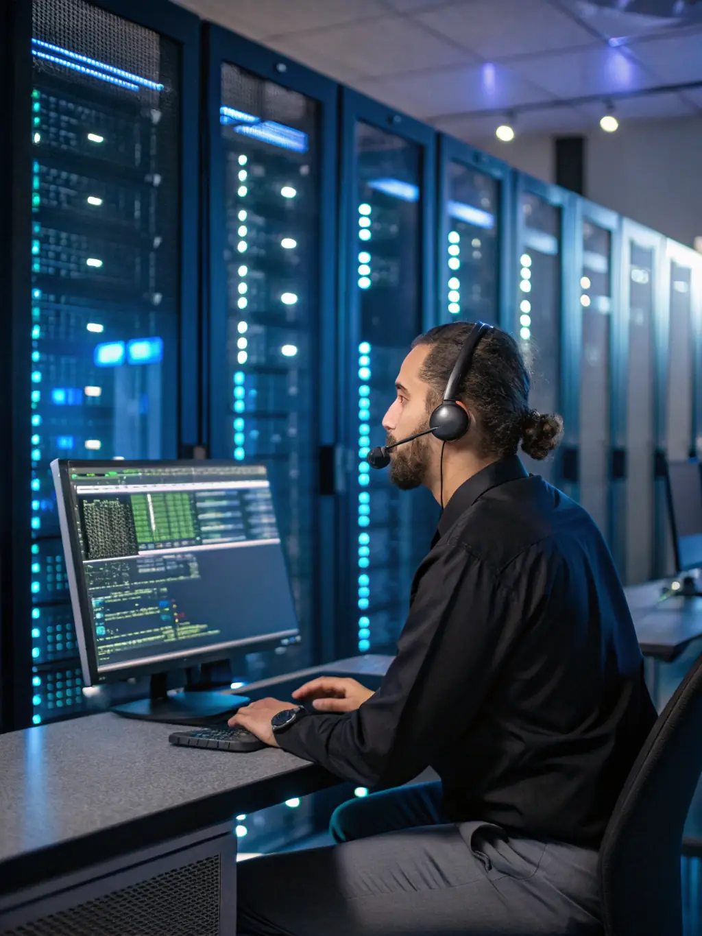 A professional IT technician remotely monitoring a network operations center, ensuring system uptime and security for Expert Cyber clients.